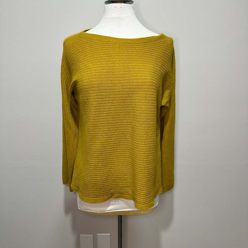 Eileen Fisher Mustard Ribbed Boat Neck 100% Wool Sweater, Sz M *See flaw
